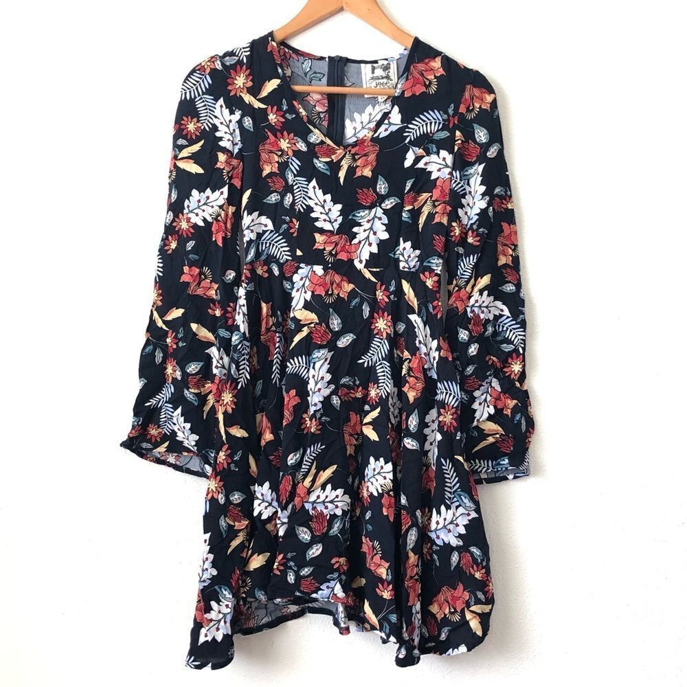 Jaase Boho Chic Floral Botanical Print Flowy Long Sleeve Bohemian Swing Dress XS